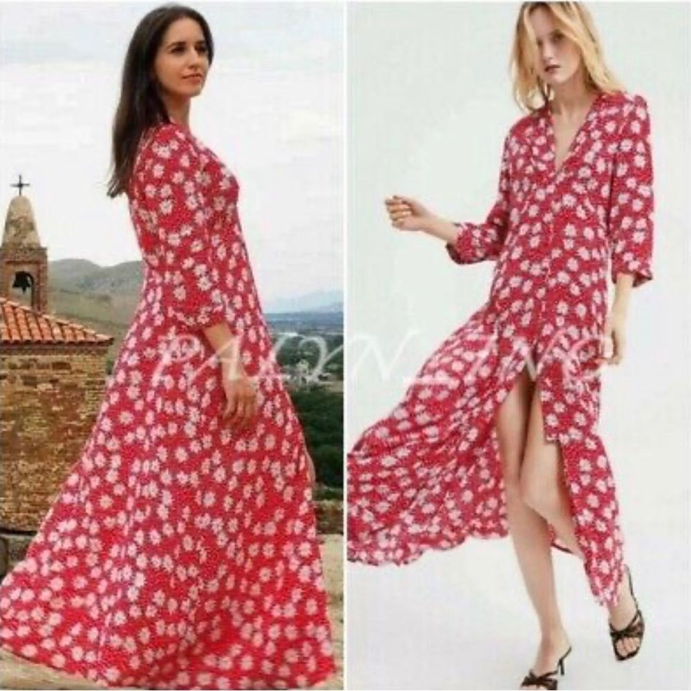 Zara Red Floral Long Sleeve Maxi Dress